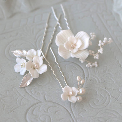 Handmade ceramic white flowers bridal hairpins-One set of 3-Gold n Silver