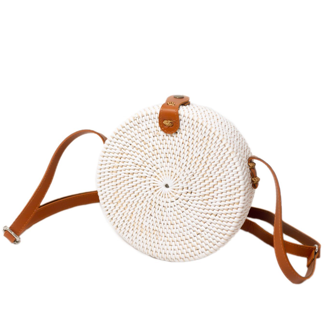 Round Rattan Bag | White Handmade Crossbody Bag with Synthetic Leather Straps | Shoulder Bag | Boho Bali Bag SENJA (white)