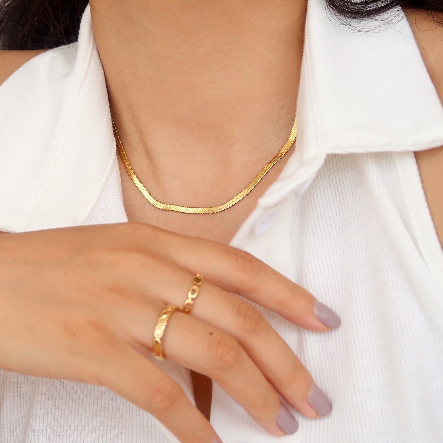 Wide version: Gold plated classic serpentine bone chain necklace - flat - 3mm wide