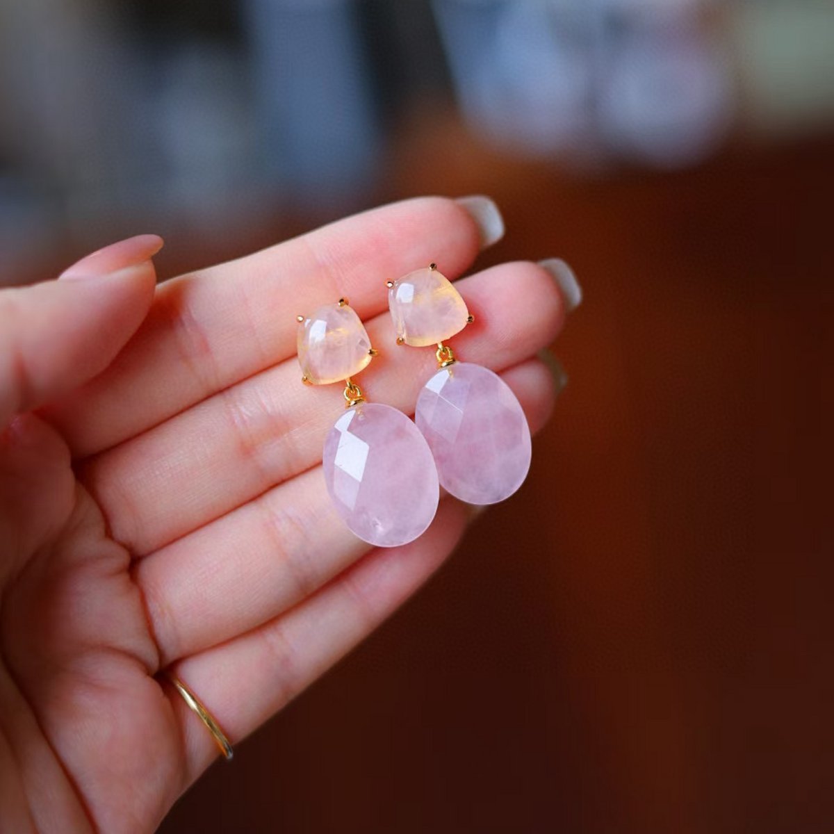 Romantic princess style rose quartz crystal drop earrings - Gold vermeil - Stone of Love