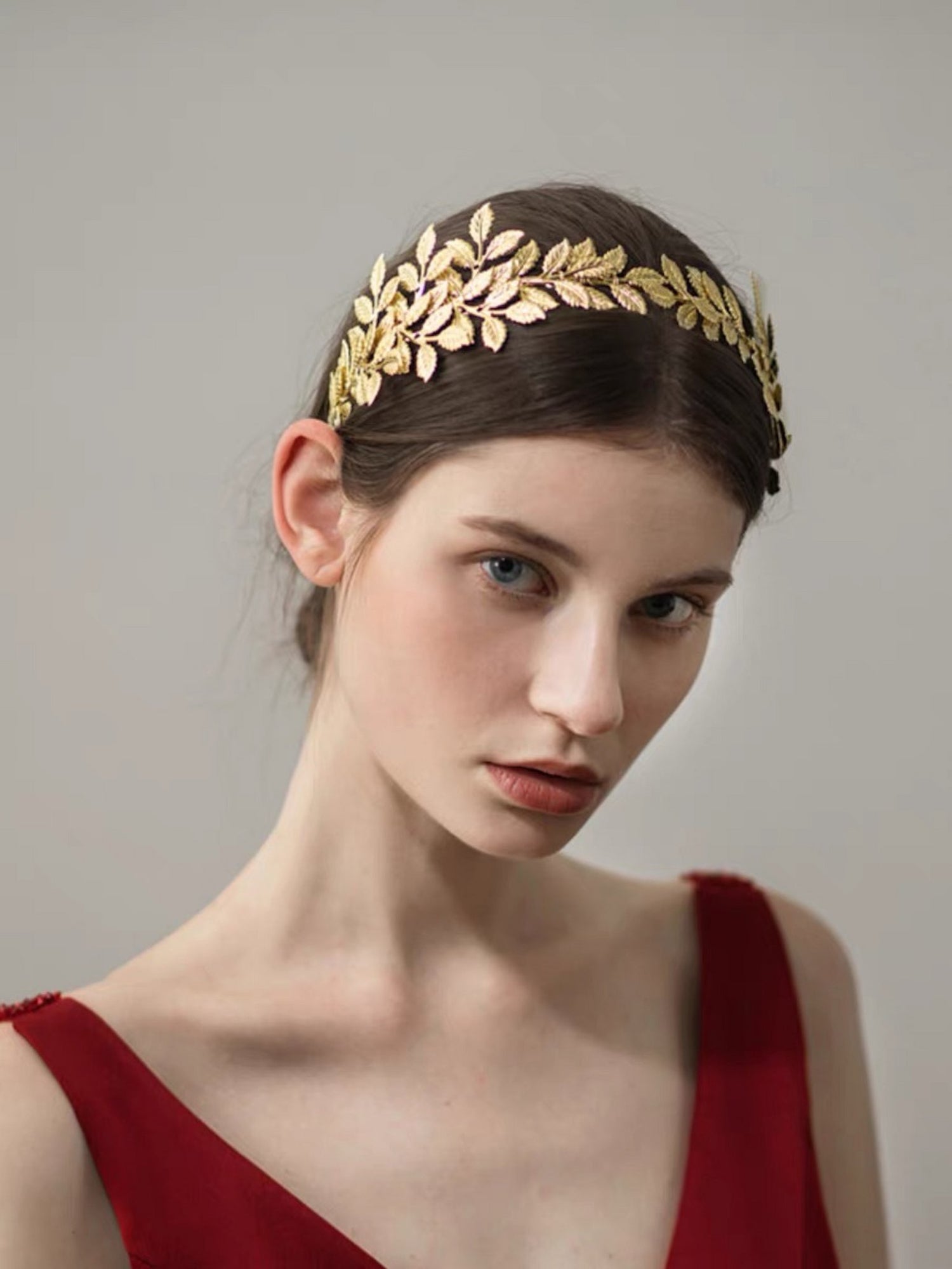 Greek Goddess Golden Leaves Headband - Elegant Metal Gold-Plated Bridal Accessory
