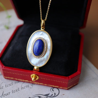 Royal style natural blue Lapis Lazuli with mother of pearl large oval pendant - Gold vermeil -AAAA Quality