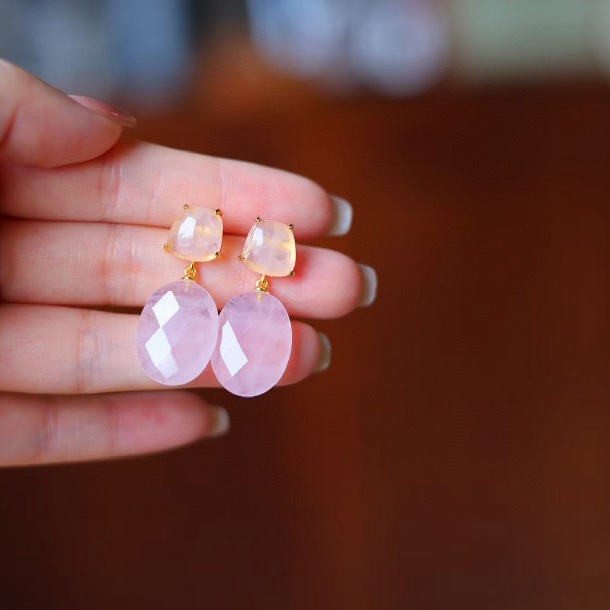 Romantic princess style rose quartz crystal drop earrings - Gold vermeil - Stone of Love