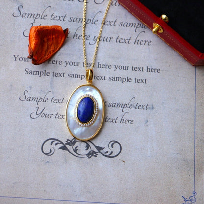 Royal style natural blue Lapis Lazuli with mother of pearl large oval pendant - Gold vermeil -AAAA Quality