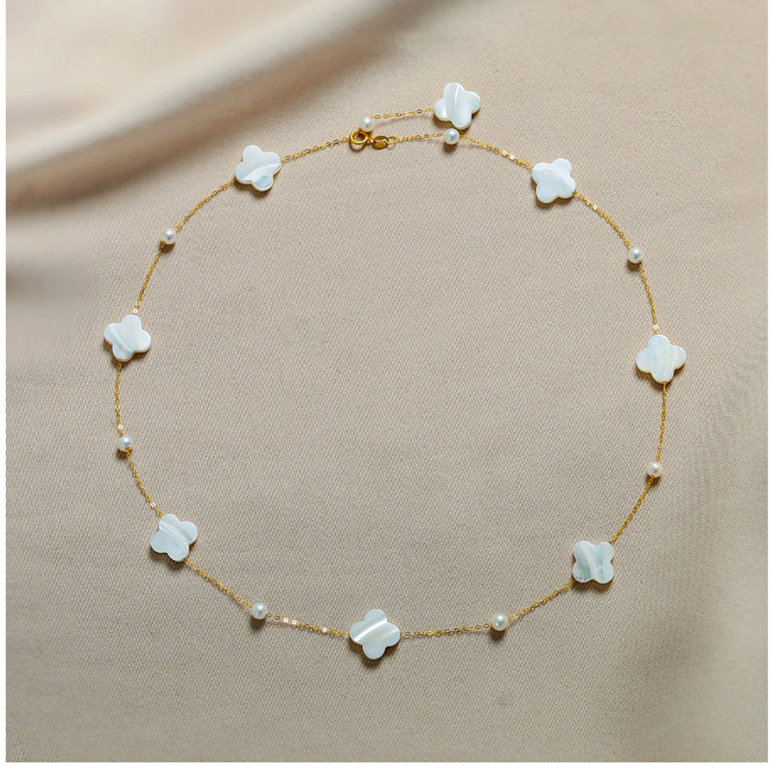 Unique Design Mother of Pearl Clover and Freshwater Bead 18K Gold Necklace