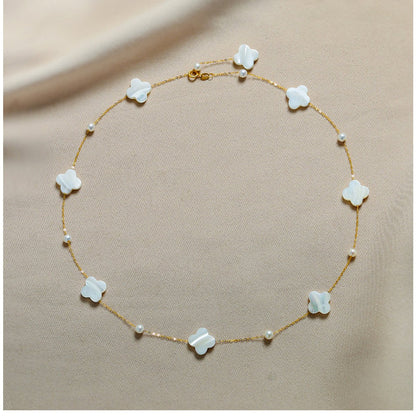 Unique Design Mother of Pearl Clover and Freshwater Bead 18K Gold Necklace