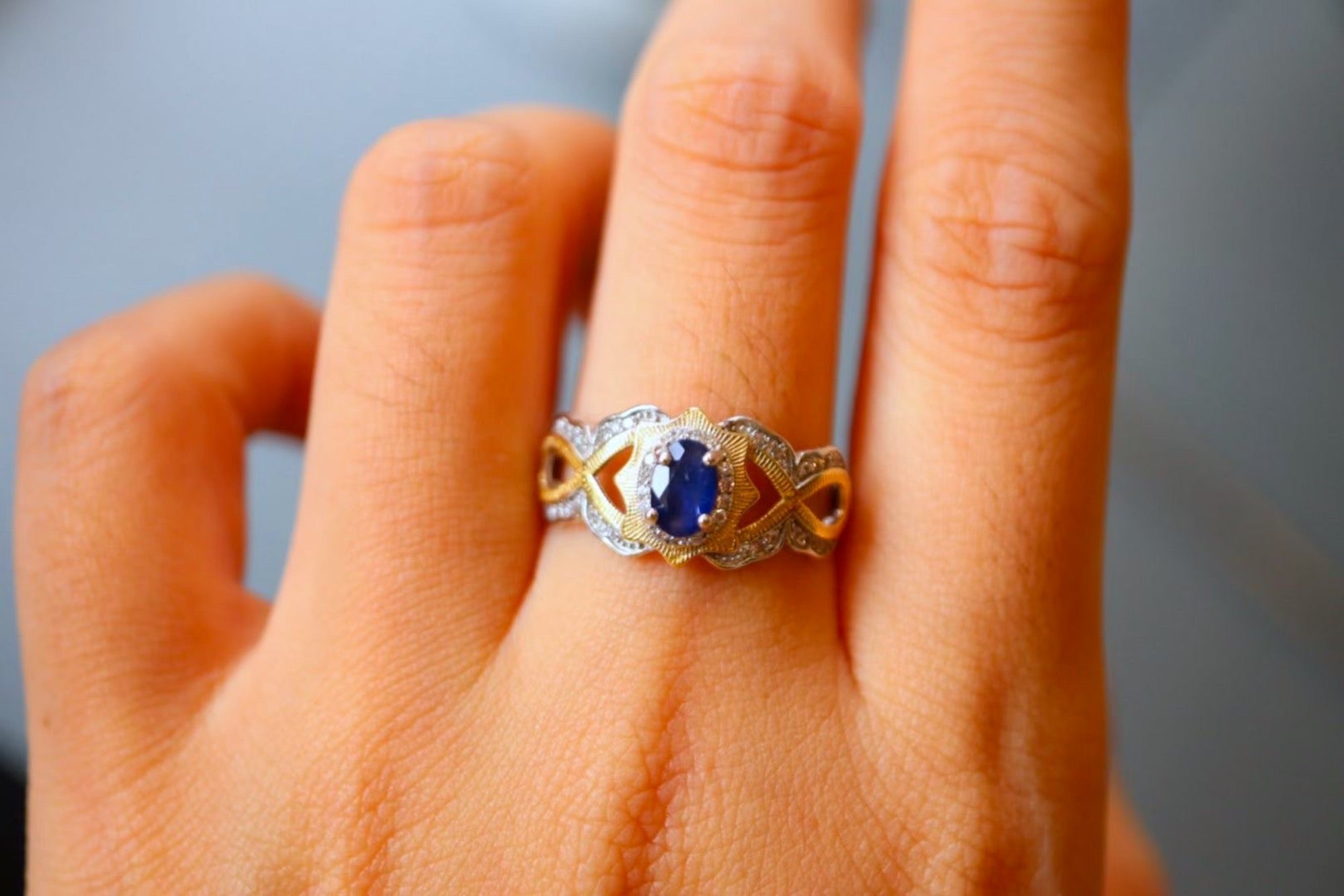 Sapphire Crown - Gold vermeil fancy Sapphire ring with royal frame - adjustable - Real Sapphire gemstones