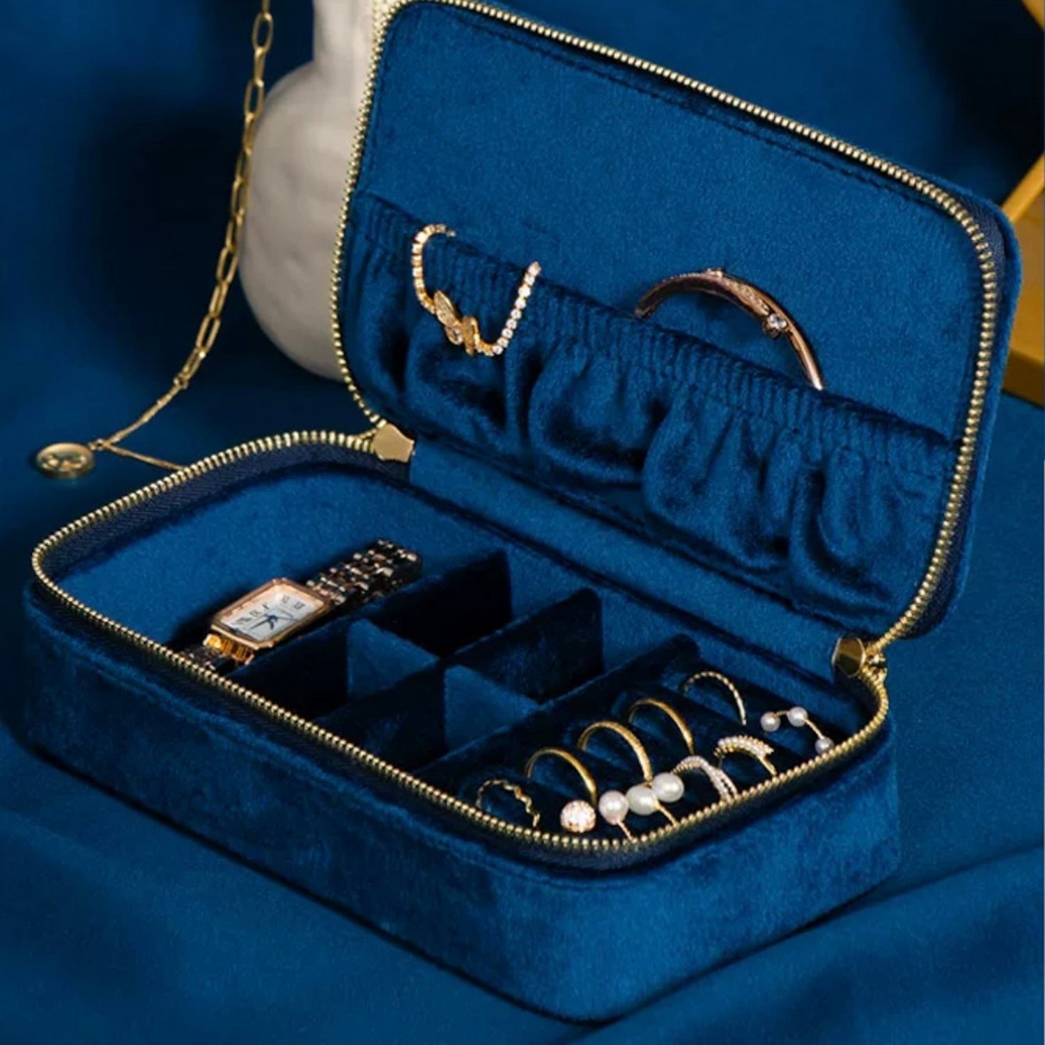 Vintage inspired velvet travel jewelry box-Sapphire blue-duel boxes