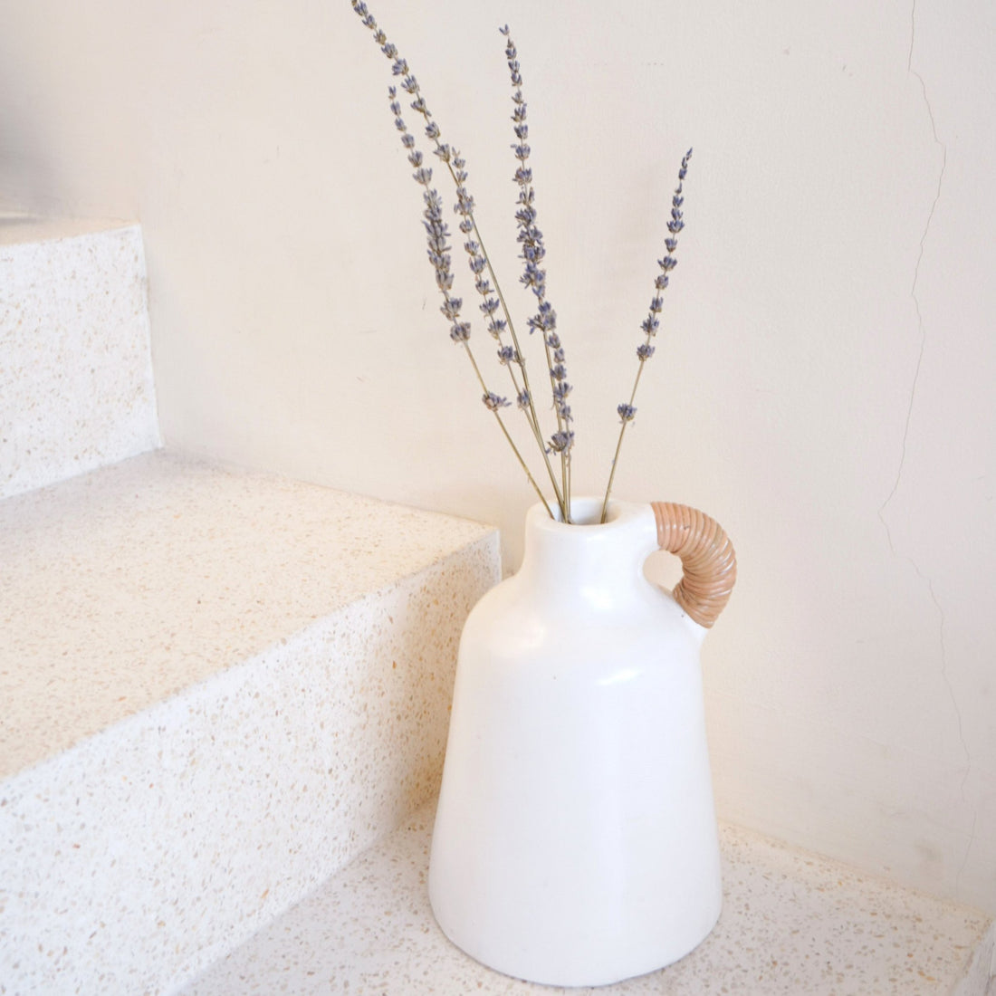 Vase White Small Decorative Vase for Dried or Fresh Flowers Hand Cast from Clay with Rattan Handle SANA