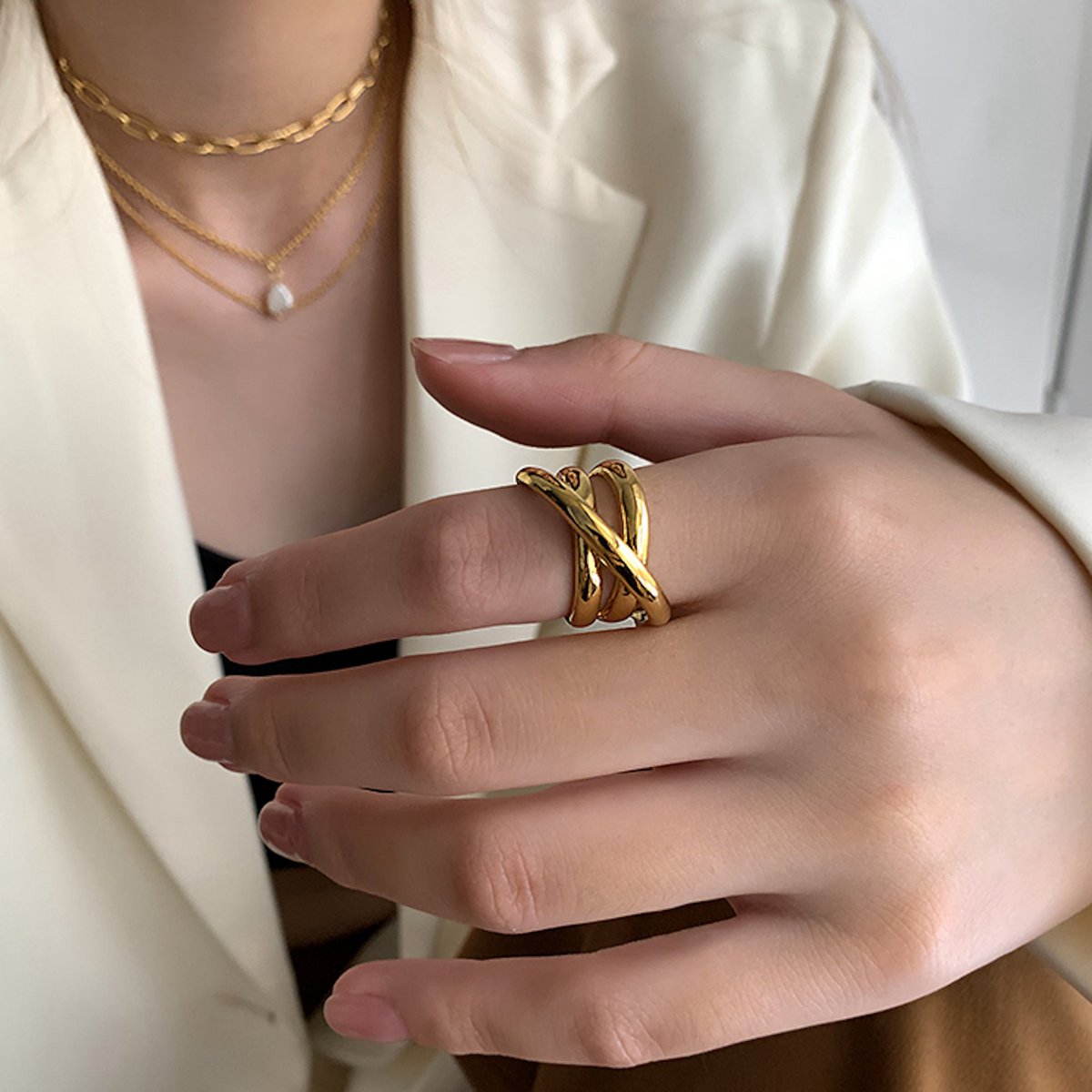 Bold look Geometric crossed line ring - Gold vermeil &amp; Sterling silver