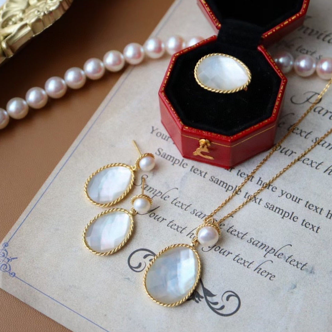 Mother of Pearl oval faceted stone jewelry set - gold vermeil - earrings &amp; necklace &amp; ring Copy
