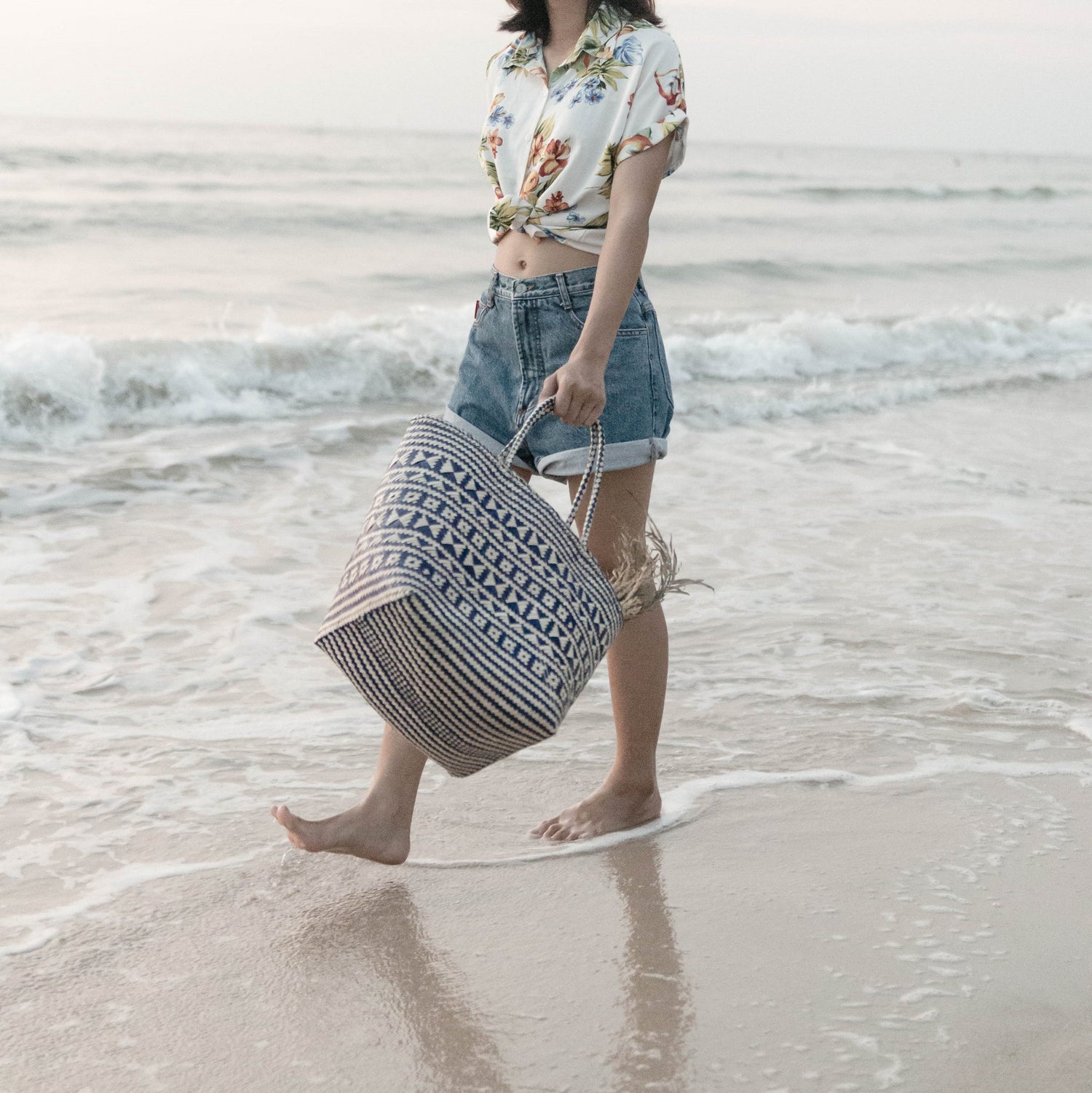 Blue Shopping Bag | Beach Bag | Tote Bag KIDUL made of Rattan